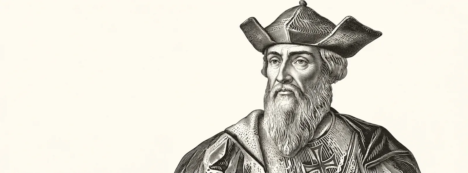 Engraved-style portrait of the navigator Vasco da Gama, wearing a broad hat and a long beard.